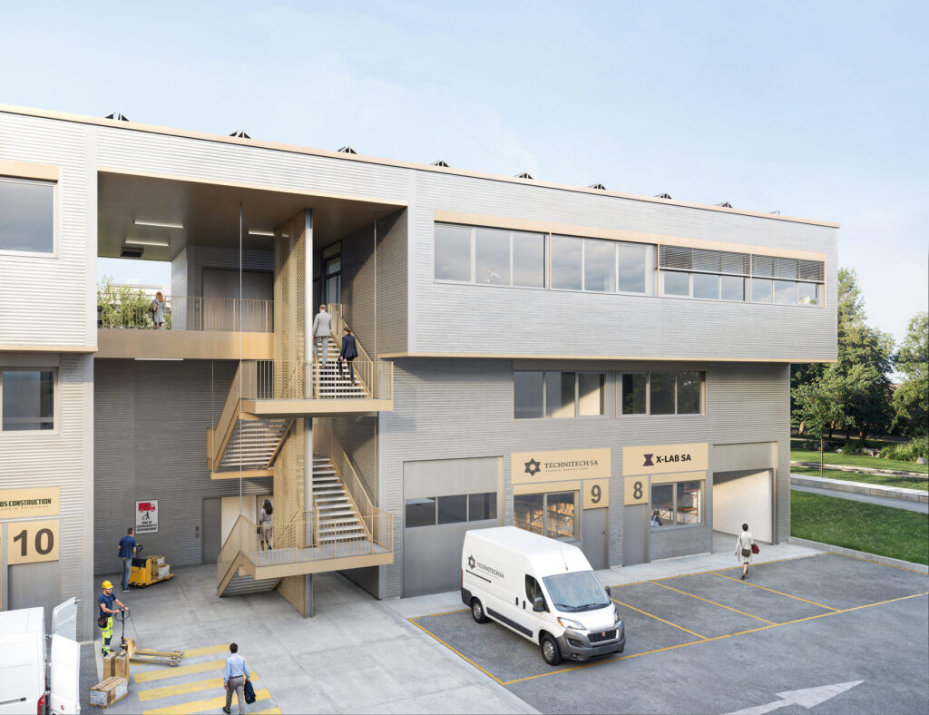 Entrée escalier bâtiment Quarz’Up à Vernier, Genève